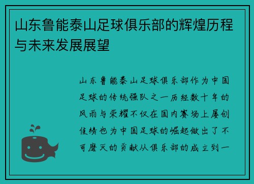 山东鲁能泰山足球俱乐部的辉煌历程与未来发展展望