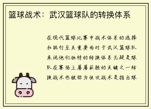 篮球战术：武汉篮球队的转换体系