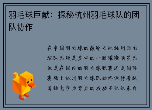 羽毛球巨献：探秘杭州羽毛球队的团队协作
