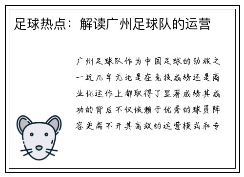 足球热点：解读广州足球队的运营
