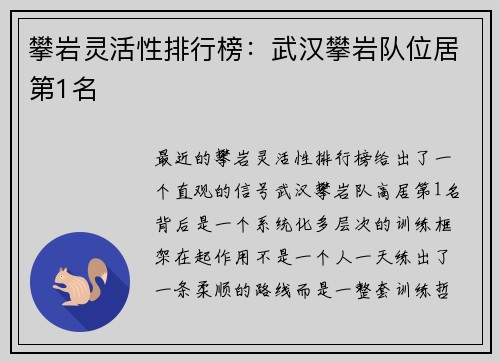 攀岩灵活性排行榜：武汉攀岩队位居第1名